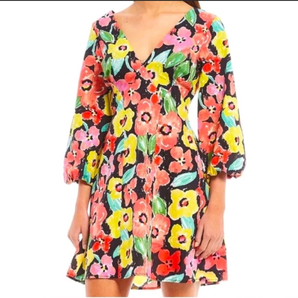 Gianni Bini GB Floral Print Mini Dress with Puff Sleeves and Tie Back - EUC - XS